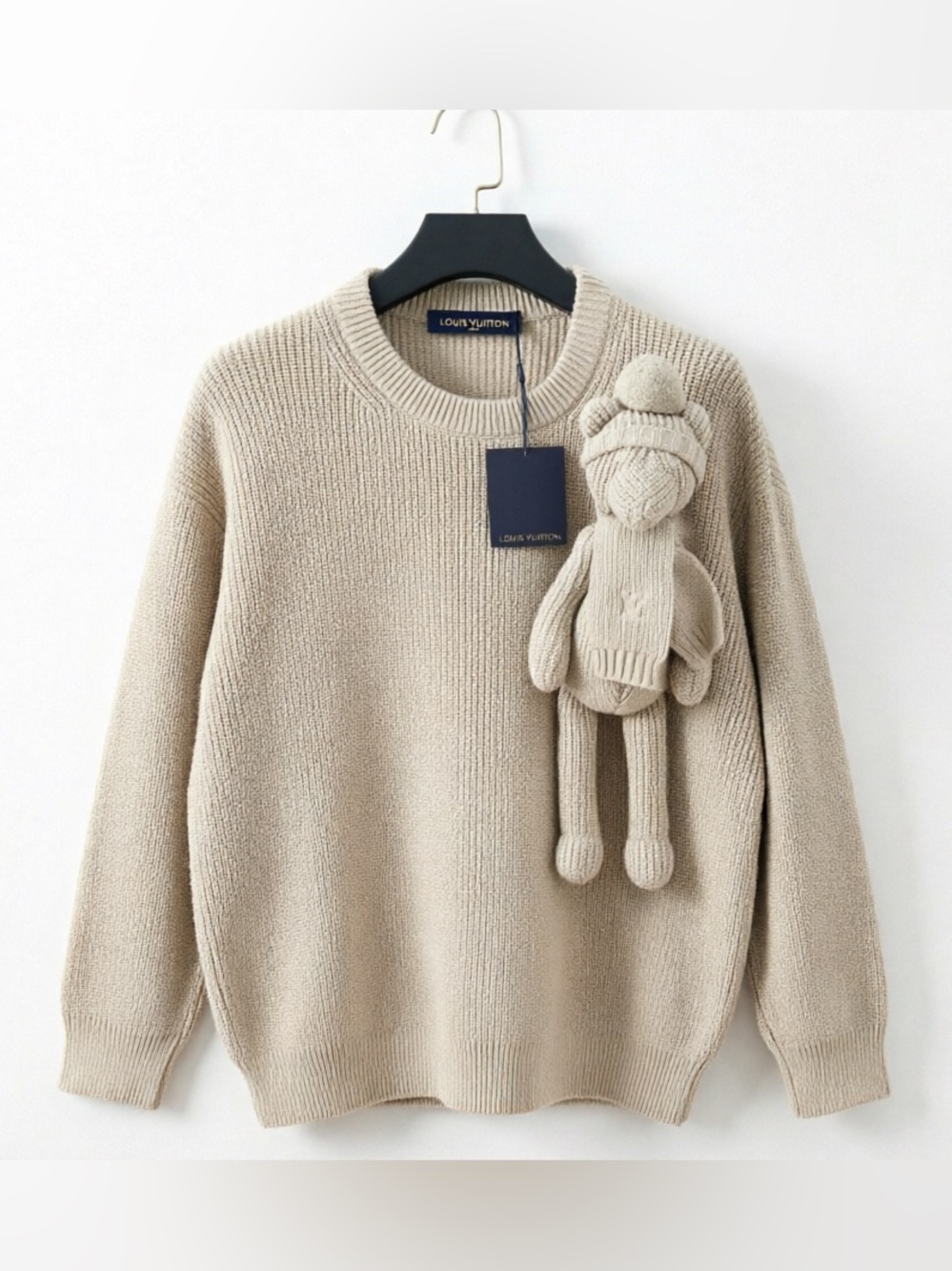 Louis Vuitton Men's Neutral Beige Crewneck Sweater with Knit Charm